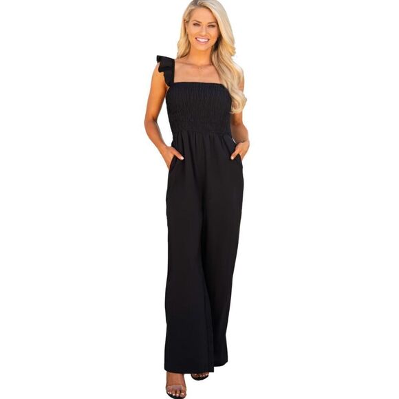Unbranded Pants - Black Ruffle Sleeve Smocked Bodice Pockets Wide Leg Jumpsuit, M